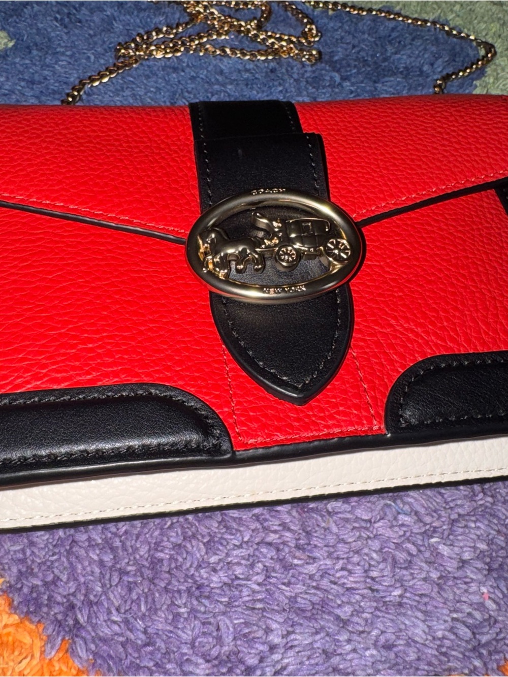Coach Georgie Red and Black ColorBlock Leather Crossbody with Gold Chain - Picture 2 of 12